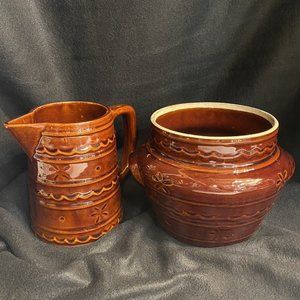 Vintage Marcrest Oven Proof Daisy Dot Crock Bean Pot and Daisy Dot Pitcher